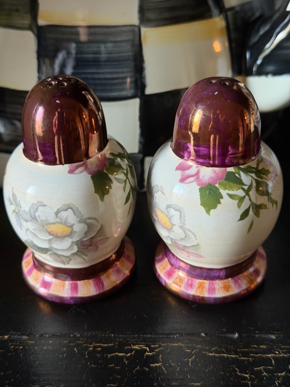 Mackenzie Childs Rare Chelsea Luster Ceramic Salt And Pepper Shakers Vintage HTF